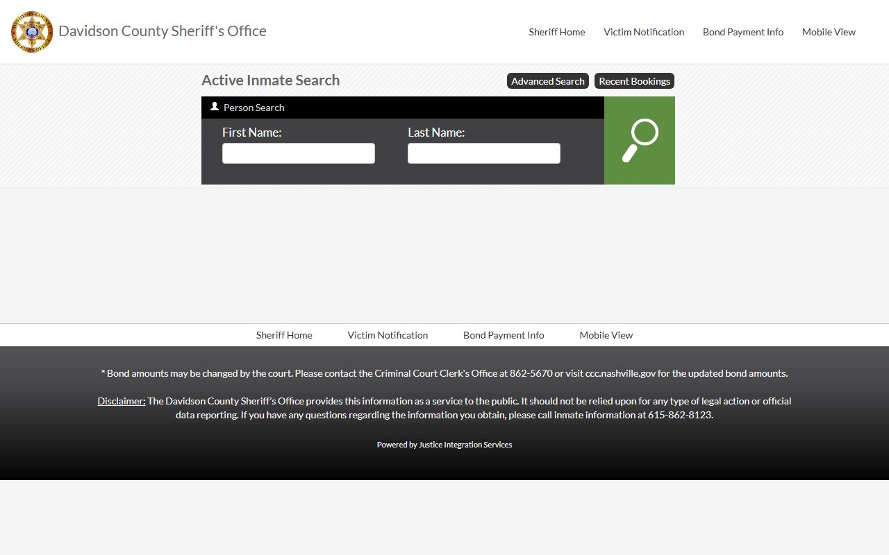 Davidson County sheriff information for criminal records and inmate search