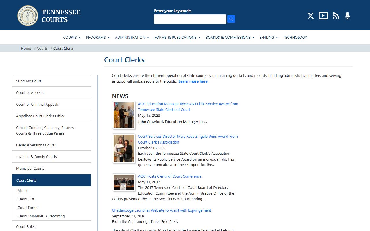 Tennessee criminal records clerk directory